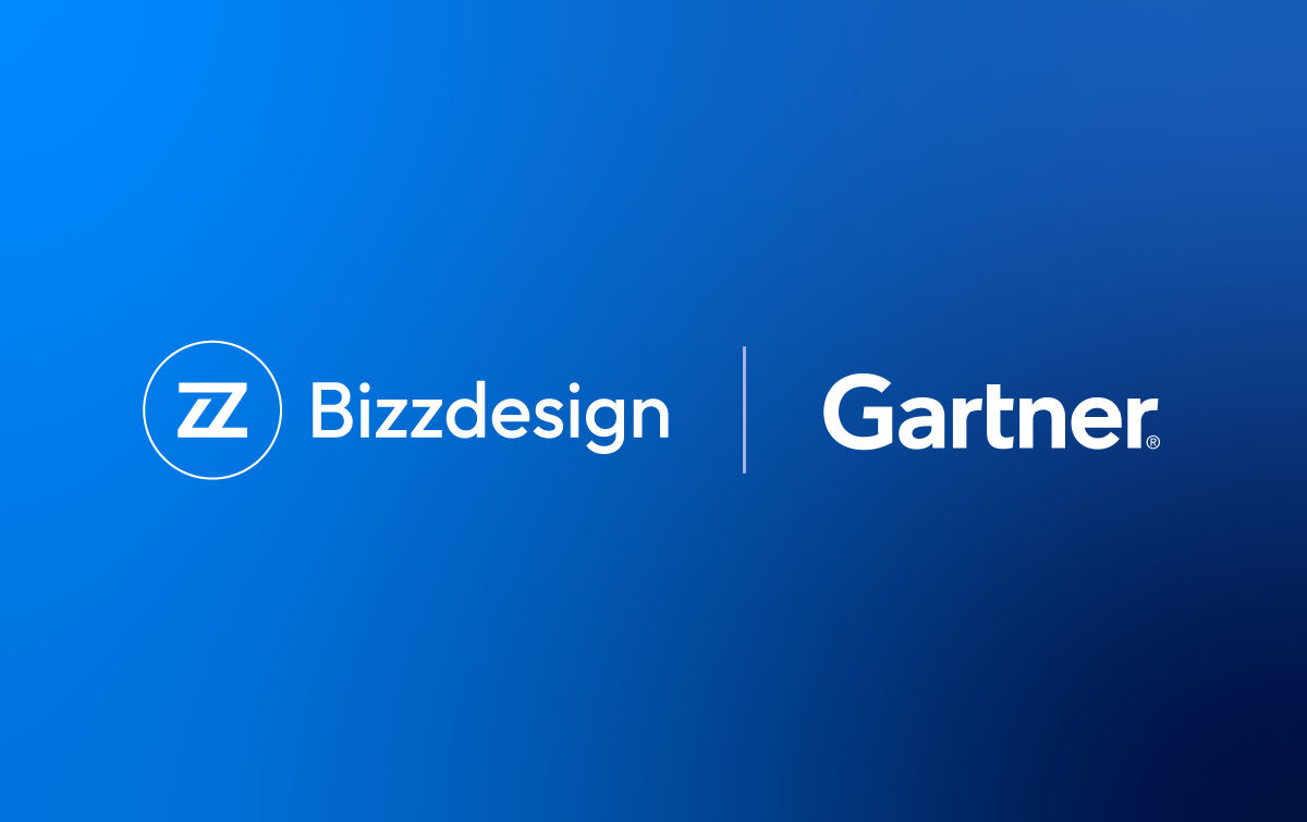 Bizzdesign’s logo and Gartner’s logo side by side on a blue background.